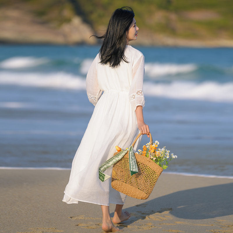 2025 summer new literary loose large size elegant pendulum solid color seven-quarter sleeve dress women's beach dress #701