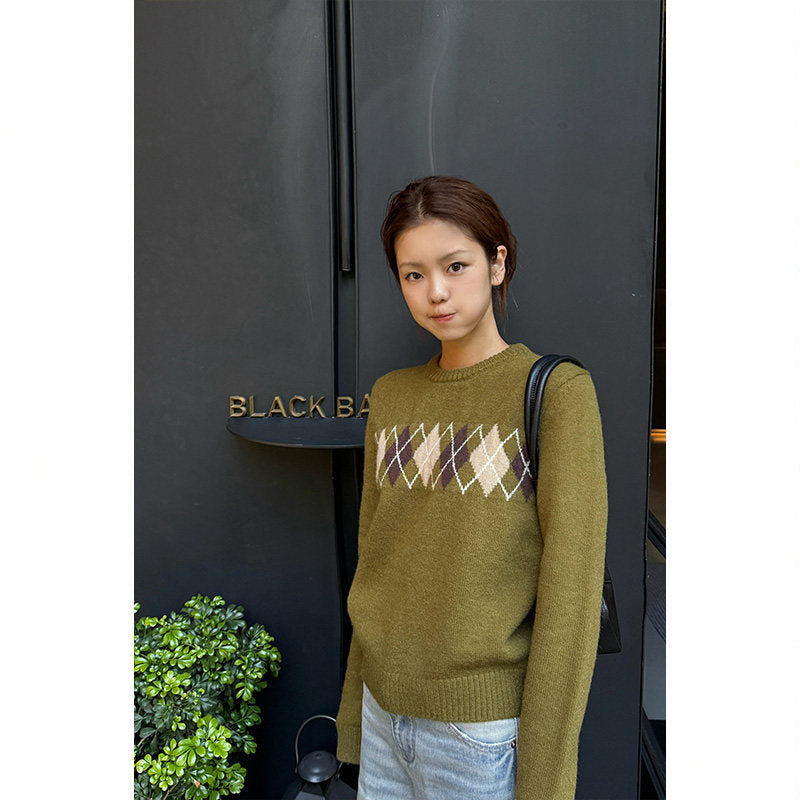 Tuuuh picture book, rhombus crew neck sweater women's autumn and winter new retro inner versatile knitted top