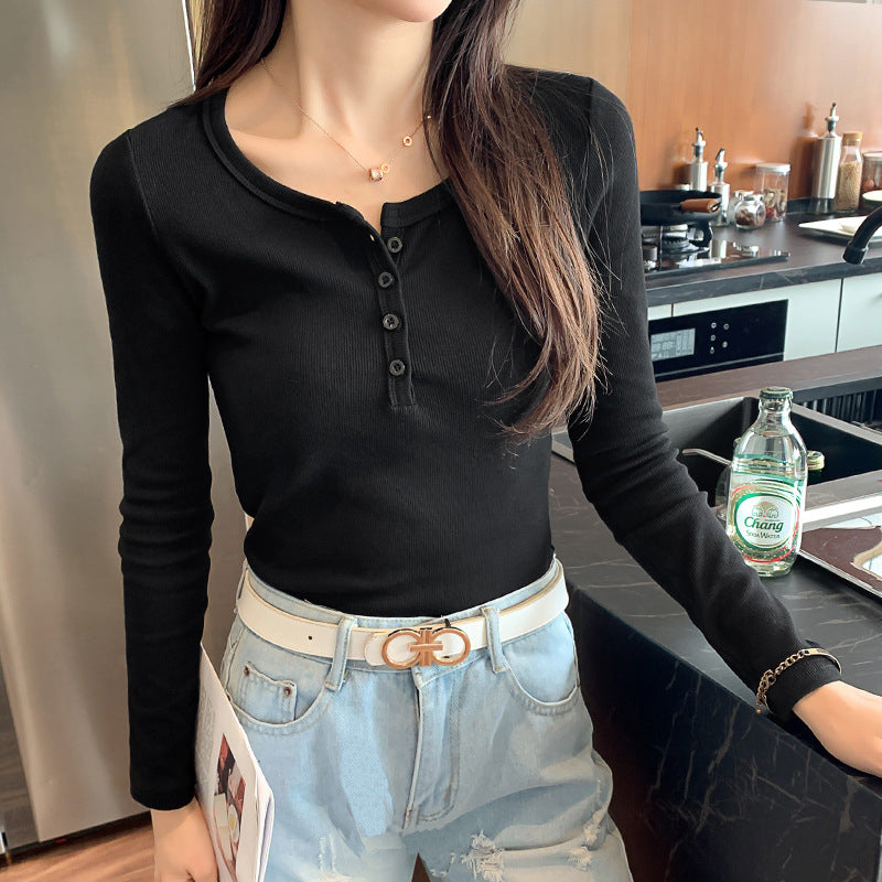 Versatile and not picky, excellent cotton threaded button-down bottoming shirt women's long-sleeved T-shirt 2026 spring new slim-fitting and thin top