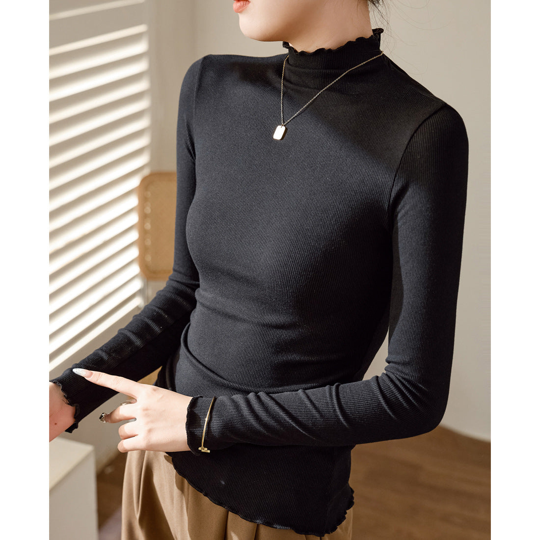 Fungus crimped semi-turtleneck bottoming shirt women's long-sleeved T-shirt 2026 autumn and winter new shirt slim and thin top