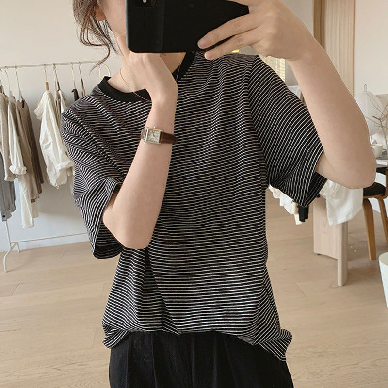 bag collar sticker, high-quality pure cotton striped T-shirt women's 2026 summer new loose and thin versatile short-sleeved T-shirt top
