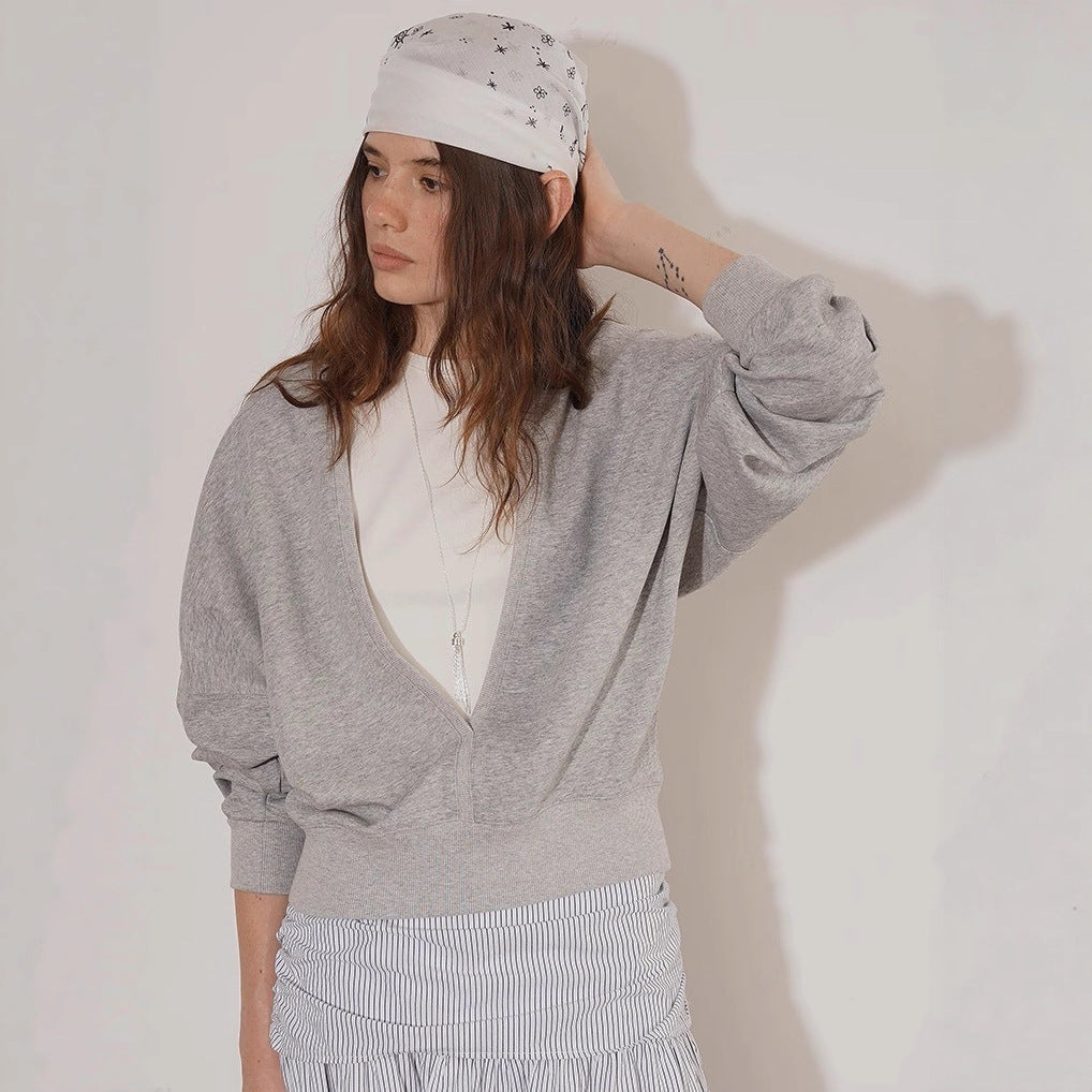 Lofi chIose gray V-neck casual sweatshirt women's new high-end loose slimming cover-up top for autumn