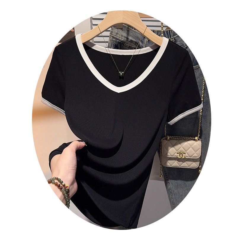 Contrasting color V-neck T-shirt women's short-sleeved front shoulder 2025 new fashion versatile slim-fit unique chic niche top summer