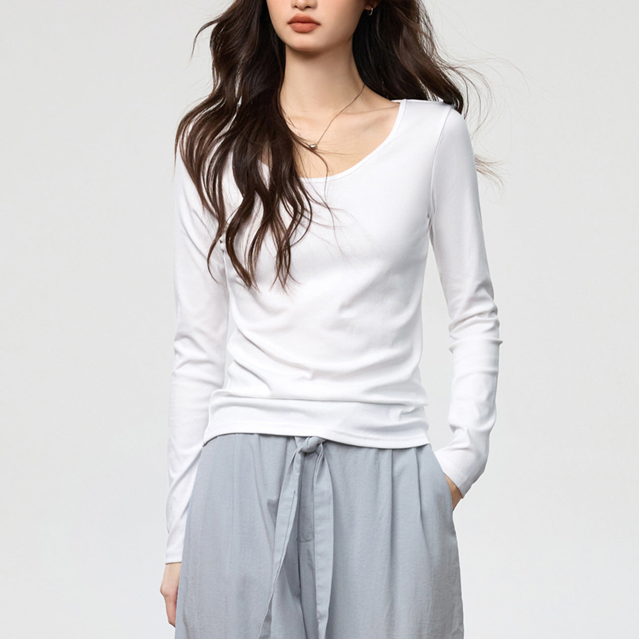 40 combed pure cotton, soft waxy and skin-friendly, round neck solid color simple slim and thin long-sleeved T-shirt women's bottoming shirt top