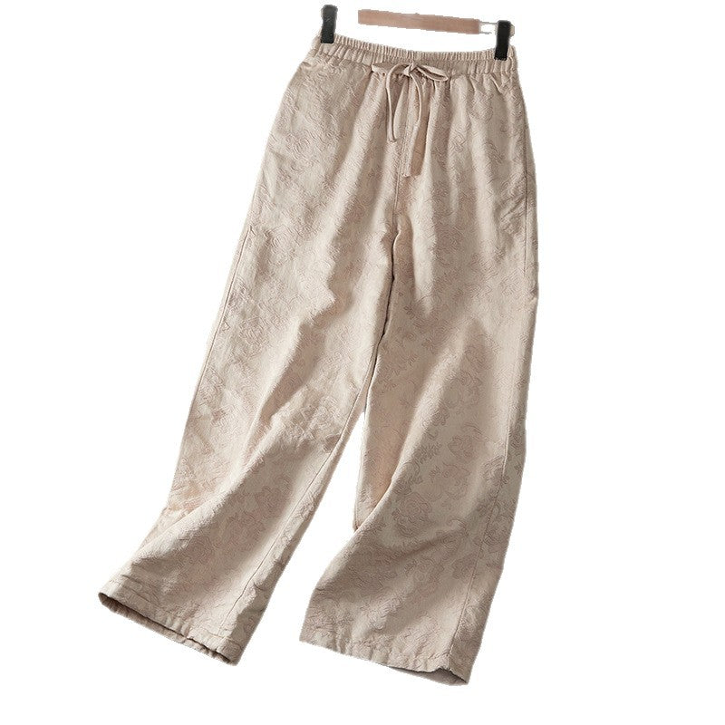 Real shot new Chinese jacquard 2025 winter national style retro loose and thin casual thickened cotton-padded wide-leg pants outer wear