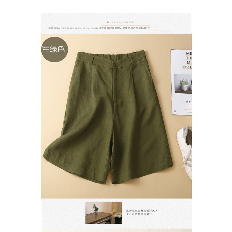 Real shot 2025 summer thin cotton and linen literary loose casual wide-leg five-point medium pants women #9277