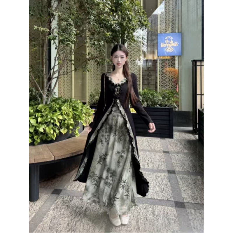 Large size new Chinese style fake two-piece dress women's clothing autumn pear-shaped body skirt fat MM thin A-shaped skirt