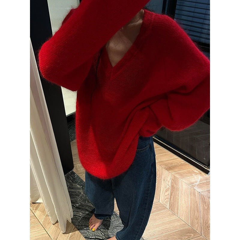 French red v-neck pullover mohair sweater women's autumn and winter outer wear milk fufu soft waxy loose knitted sweater top
