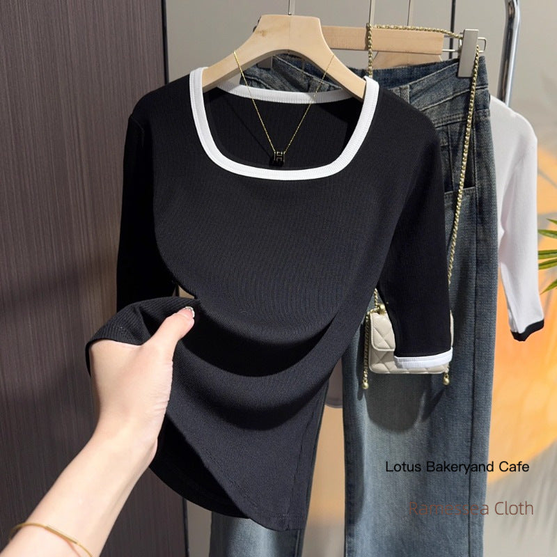 Black square neck five-quarter-sleeved t-shirt women's 2025 summer new versatile medium-sleeved fashion bottom half-sleeved contrasting top