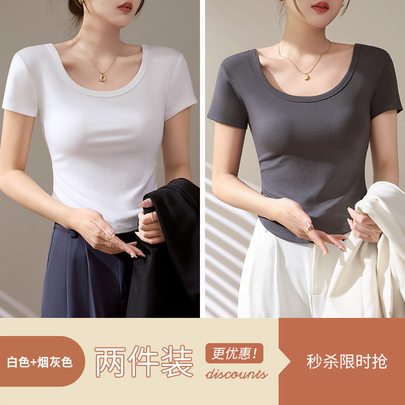 High-quality short-sleeved T-shirt women's 2025 new summer slim-fitting and thin curved hem fashionable foreign U-neck top trendy