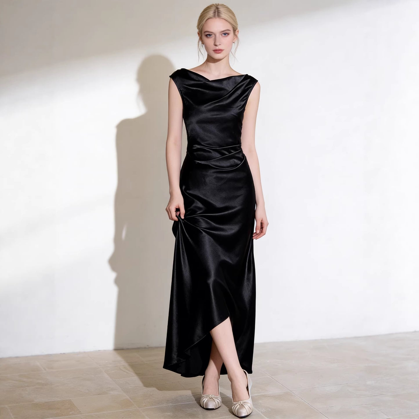 Haute couture French swing collar high sense design sense satin acetate seaside vacation wedding party dress dress women