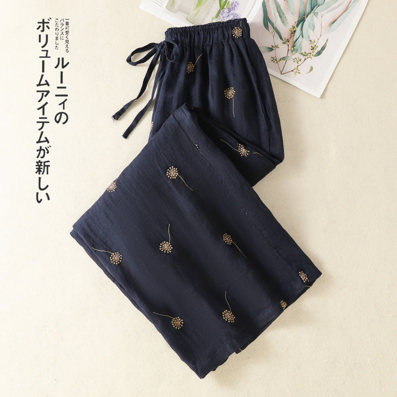 Summer 2025 new cotton and linen retro small polka dot printing wide-leg pants elastic waist casual nine-point straight-leg pants women