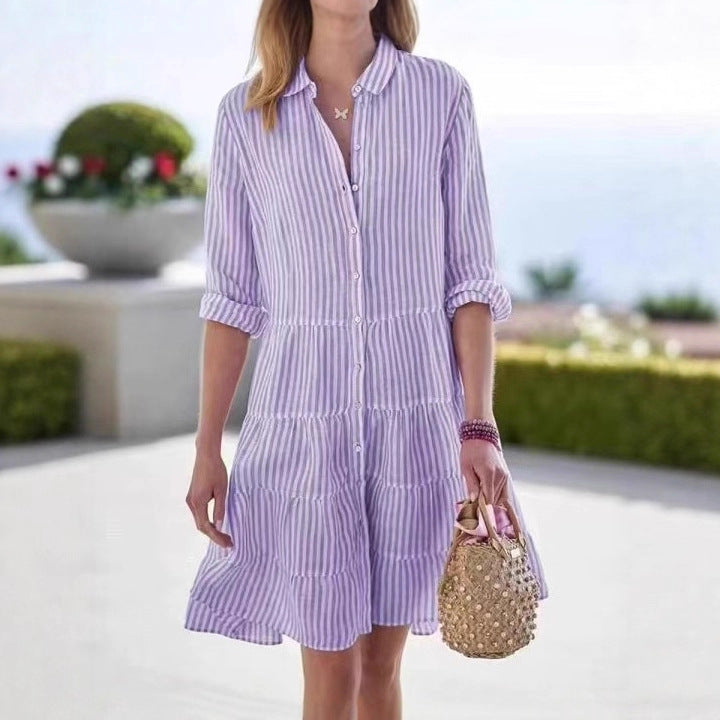 Amazon Independent Station Cross-border European and American Women's Clothing Autumn Long Sleeve Women's Striped Shirt Dress