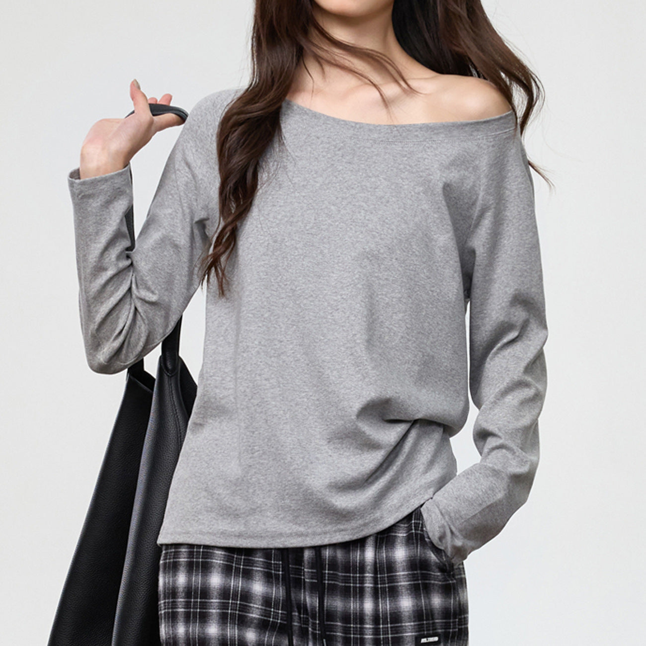 #40 combed cotton #slanted shoulder long-sleeved t-shirt women's early autumn round neck loose and thin one-word neck off-the-shoulder top