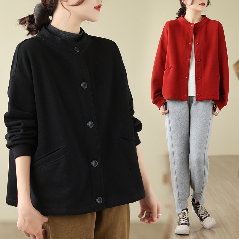 Real shot 2025 autumn new casual large size loose solid color stand-up neck cardigan long-sleeved jacket women's clothing #8353