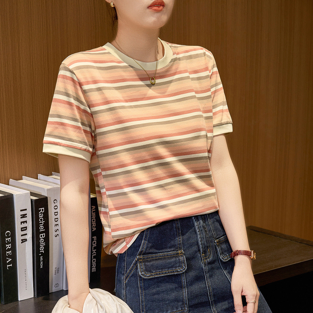 #Combed pure cotton #medium and long loose retro rainbow striped short-sleeved t-shirt women's summer 2026 new versatile top
