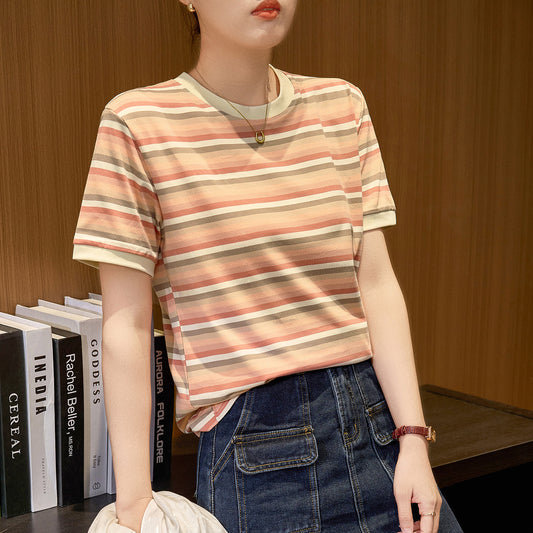 #Combed pure cotton #medium and long loose retro rainbow striped short-sleeved t-shirt women's summer 2026 new versatile top