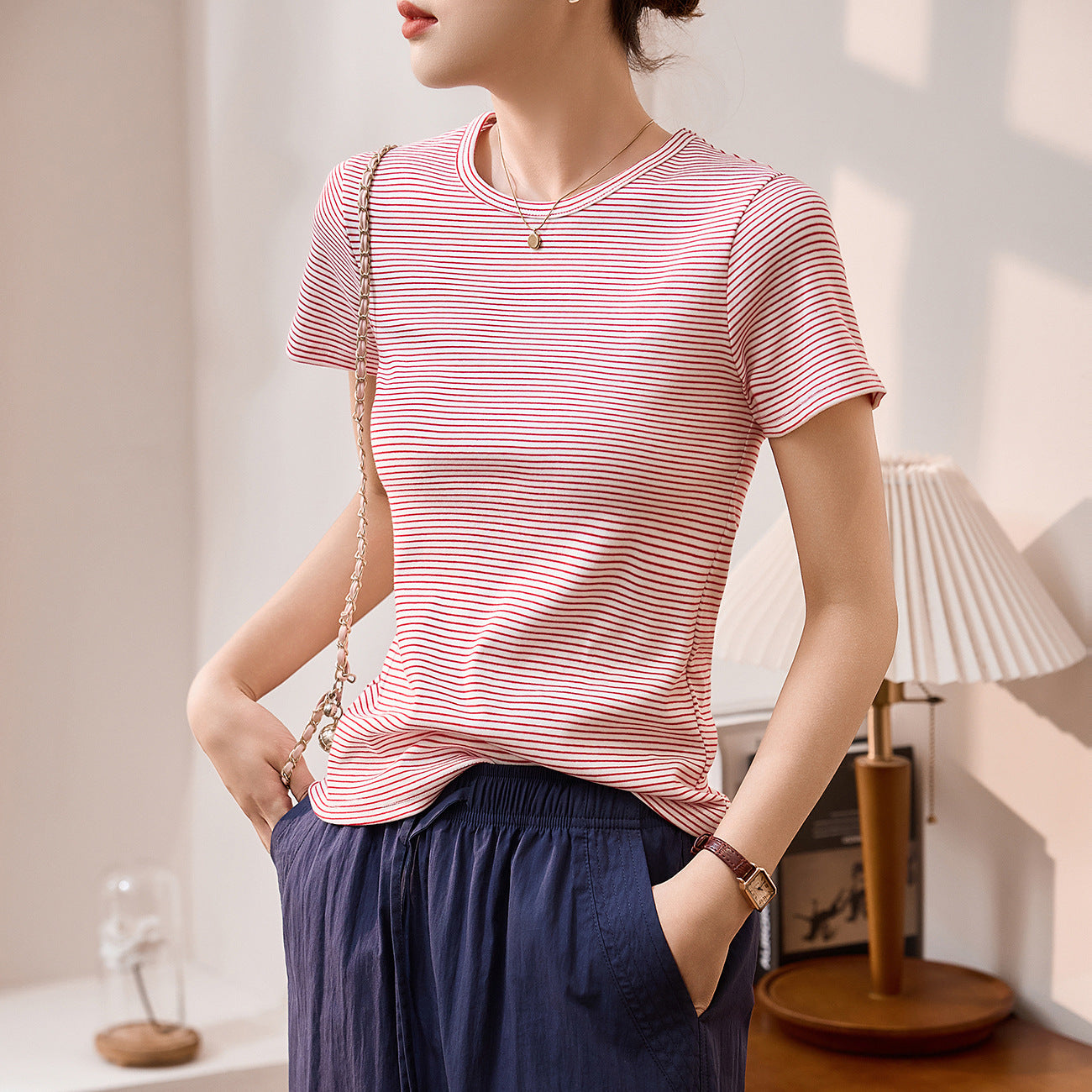 #Combed pure cotton #striped t-shirt women's short sleeve 2026 summer new slim and thin casual versatile crew neck top