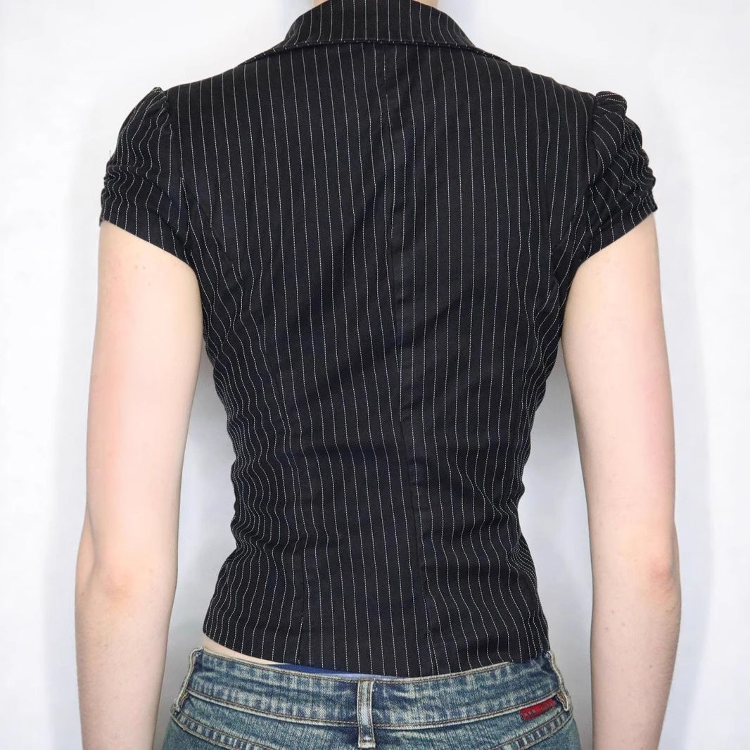 BM American Spice Girl Deep V Lapel Striped Shirt Two Button Cardigan Waist Short Sleeve Commuter Basic Suit