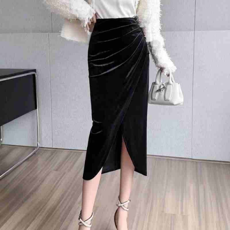 Golden velvet skirt women's 2024 autumn new high waist split one-step hip skirt medium and long autumn skirt