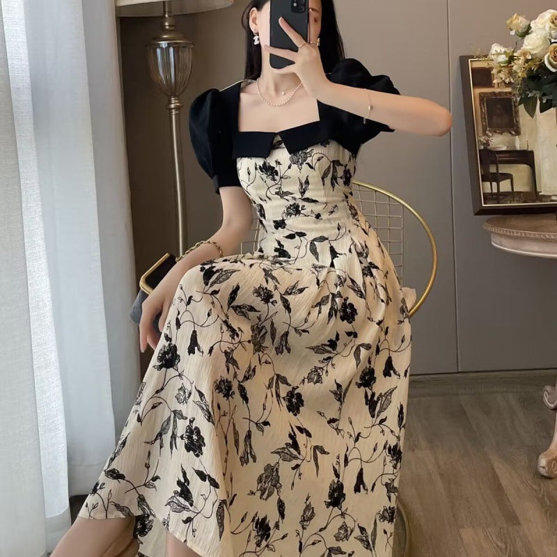 New pure desire French design sense thin splicing floral dress women's summer square neck bubble sleeve a-word dress