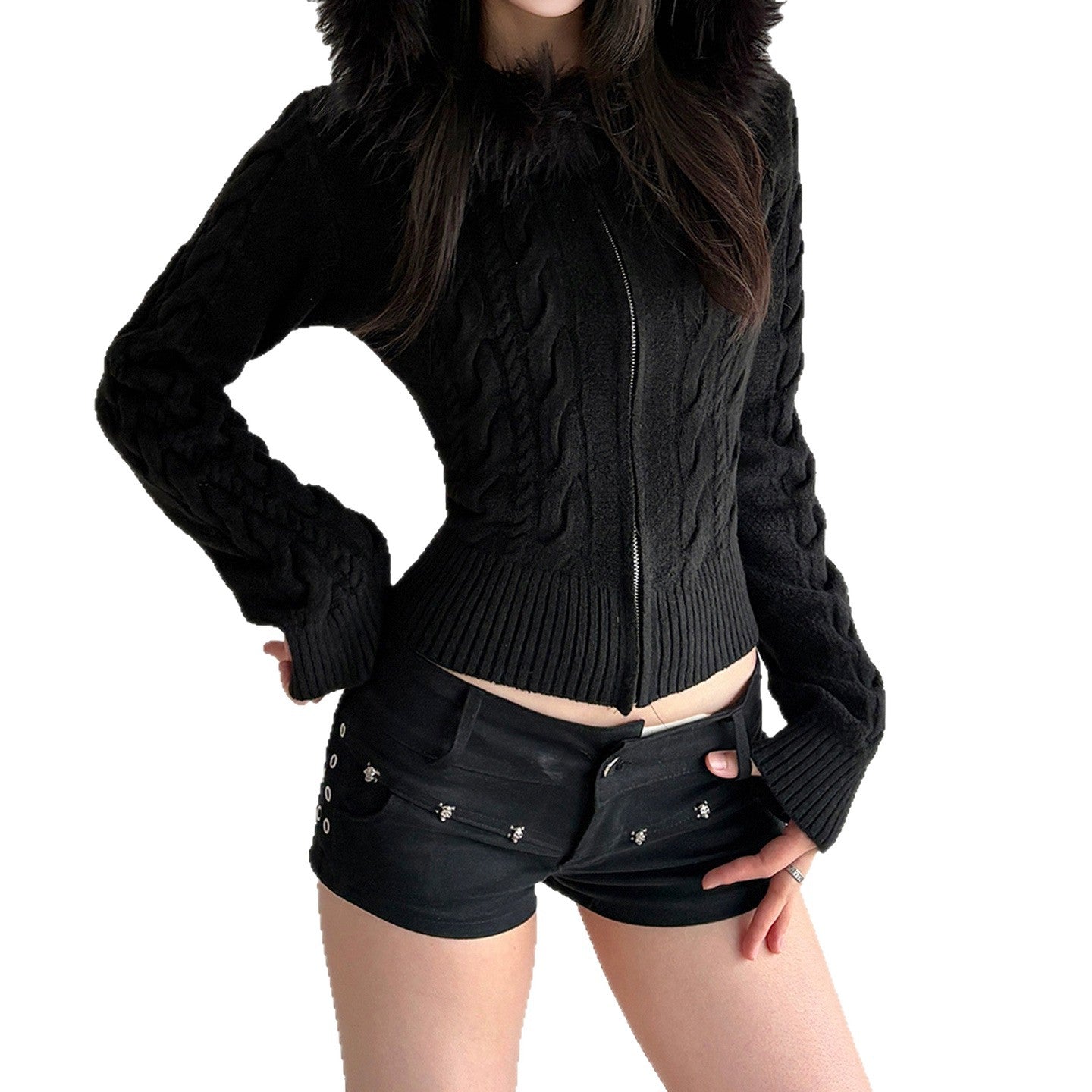 American retro fluffy hooded zipper cardigan twist sweater autumn and winter slim waist short Spice Girl new coat
