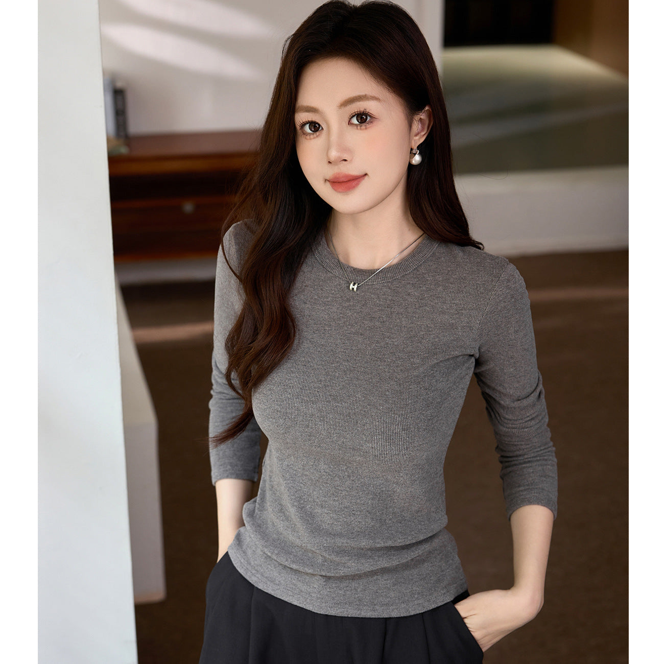#Double-sided grinding #Boutique mousse cashmere soft waxy T-shirt women's long-sleeved 2026 autumn and winter new inner bottoming shirt