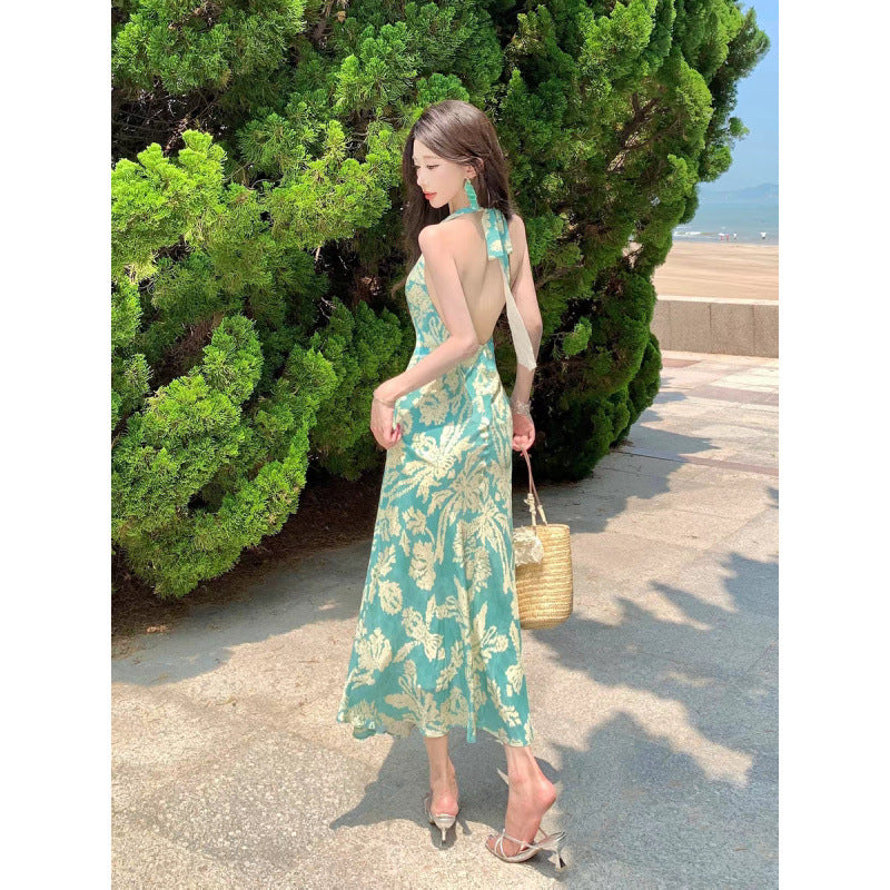 Peacock blue print sleeveless neck waist dress women's seaside beautiful beach wear sexy backless beach dress