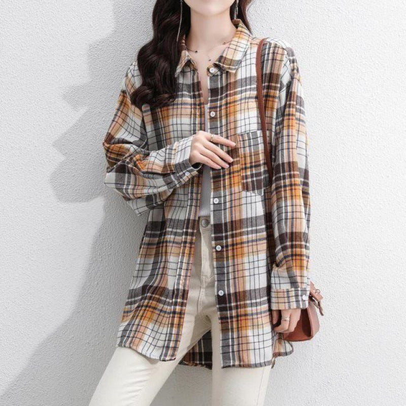 Spring 2024 new polished plaid long-sleeved Korean version loose retro medium and long shirt top women