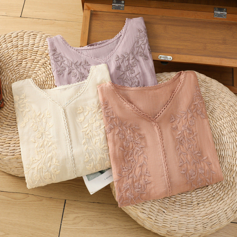 Real shot 2025 summer thin cotton and linen embroidery literary loose V-neck T-shirt shirt top women's clothing