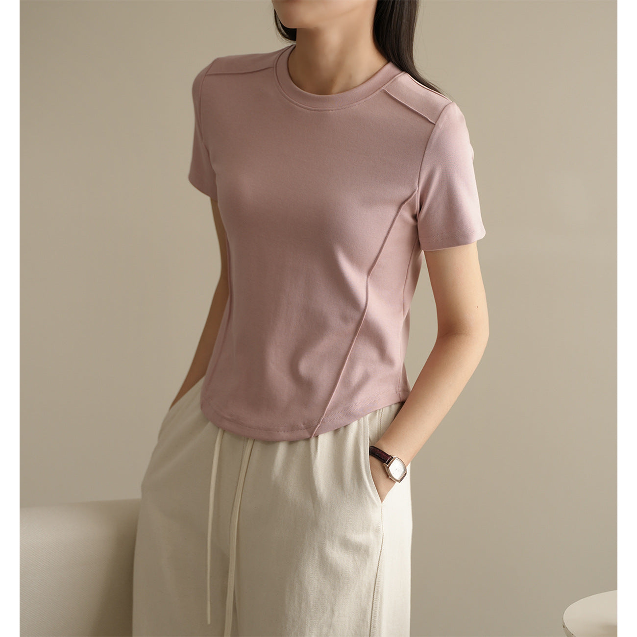 [Use good materials] Three-dimensional line design sense high elastic threaded cotton T-shirt women's summer new round neck short-sleeved top