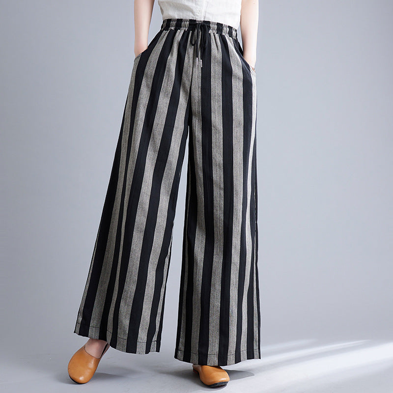Real shot 2025 spring new retro literary loose striped elastic waist wide leg pants casual trousers women 8247