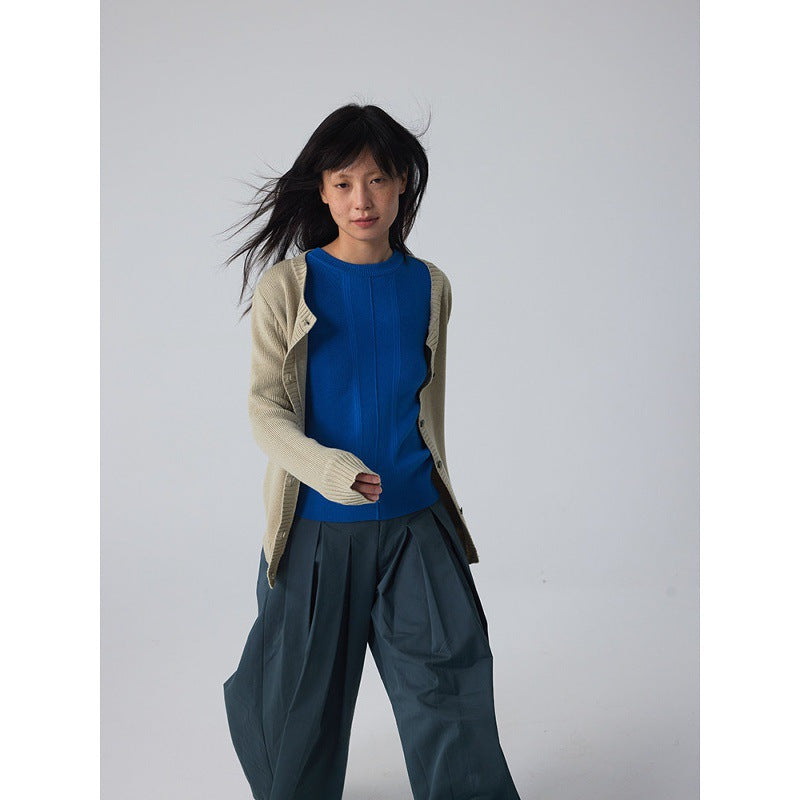 IN JOMI blue sweater crew neck new temperament waist slimming versatile ribbed knitted long sleeve design