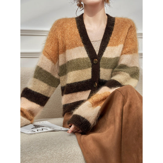 [JOMI STUDIO] Contrasting striped v-neck mohair knitted sweater cardigan for women is super good-looking in autumn and winter