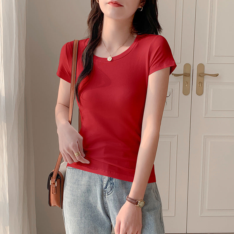 U-neck white versatile short-sleeved T-shirt women's American slim-fitting half-sleeved top low-necked bottoming shirt slim-fitting