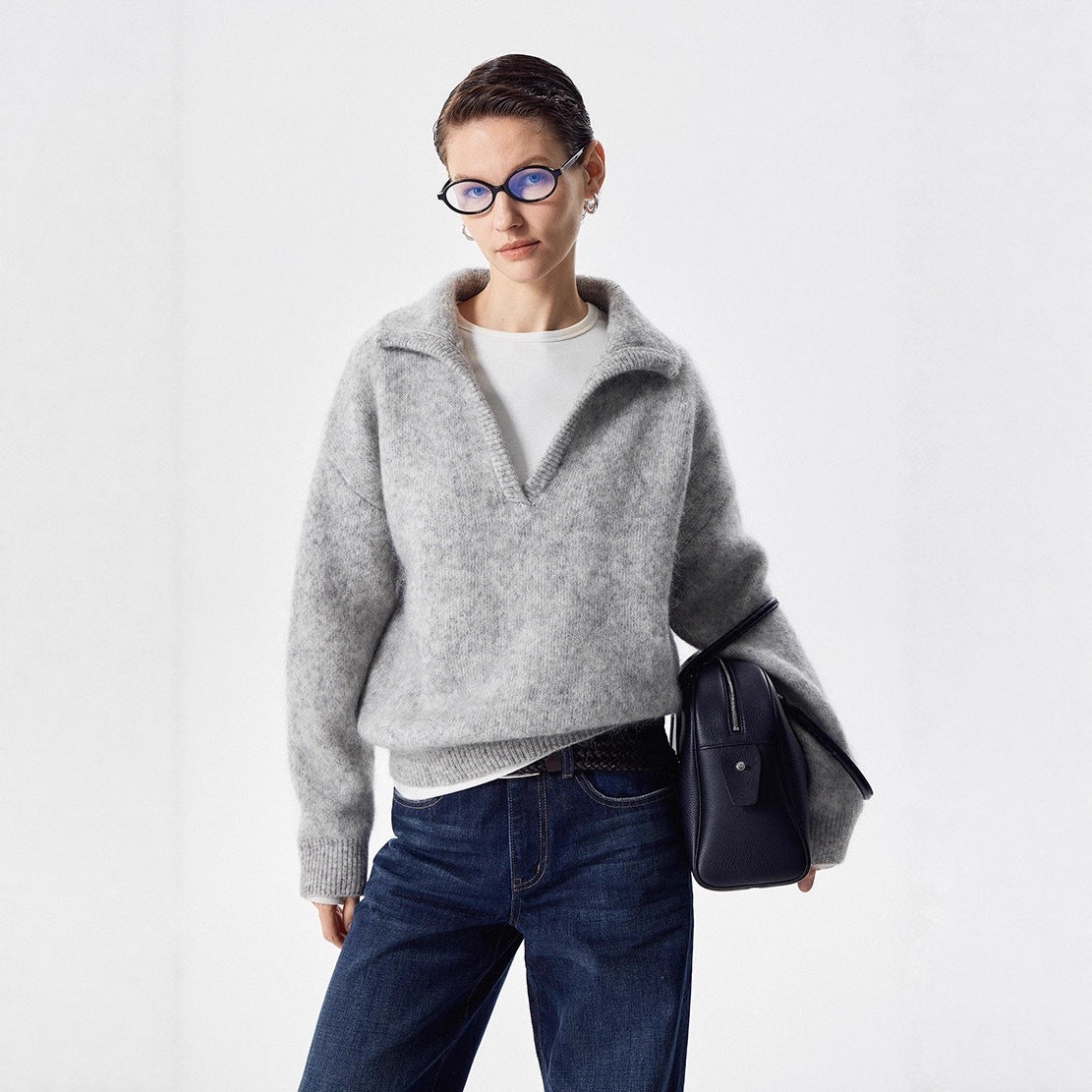 THORNSUARA Lazy casual profile V-lapel knitted sweater mohair pullover long-sleeved sweater women