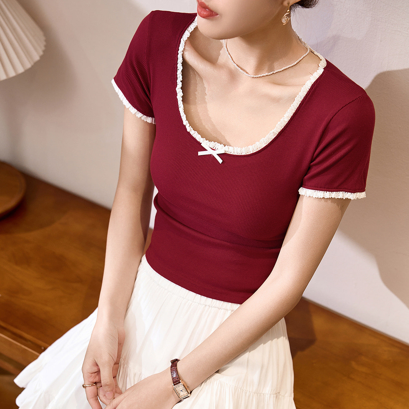 #260G Youke silk, Zhen quality #lace T-shirt women's summer new U-neck bow short-sleeved contrasting high-waisted top