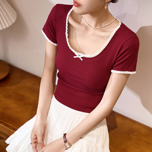 #260G Youke silk, Zhen quality #lace T-shirt women's summer new U-neck bow short-sleeved contrasting high-waisted top