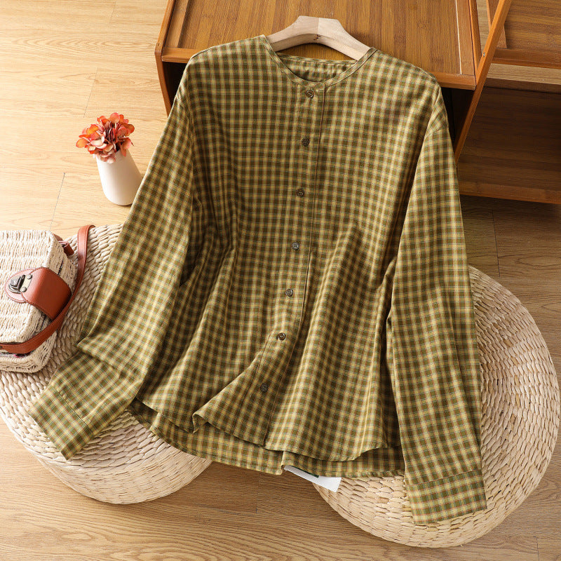 Real shot 2025 autumn new literary plaid long-sleeved cotton and linen plaid round neck shirt jacket women's shirt