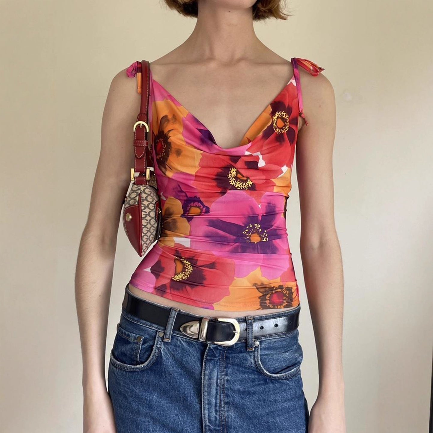 Love cloth forget retro ethnic style print pleated chest strap mesh vest Spice girl sexy suspender top