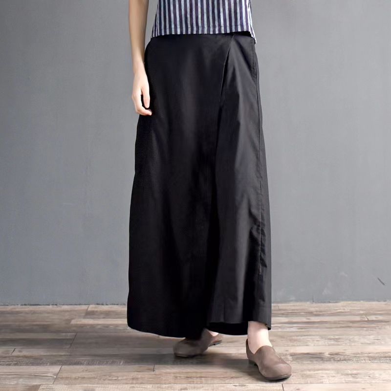 In the summer of 2024, the new cotton and linen literary loose large-size wide-leg pants with elastic waist and irregular swing skirt pants for women