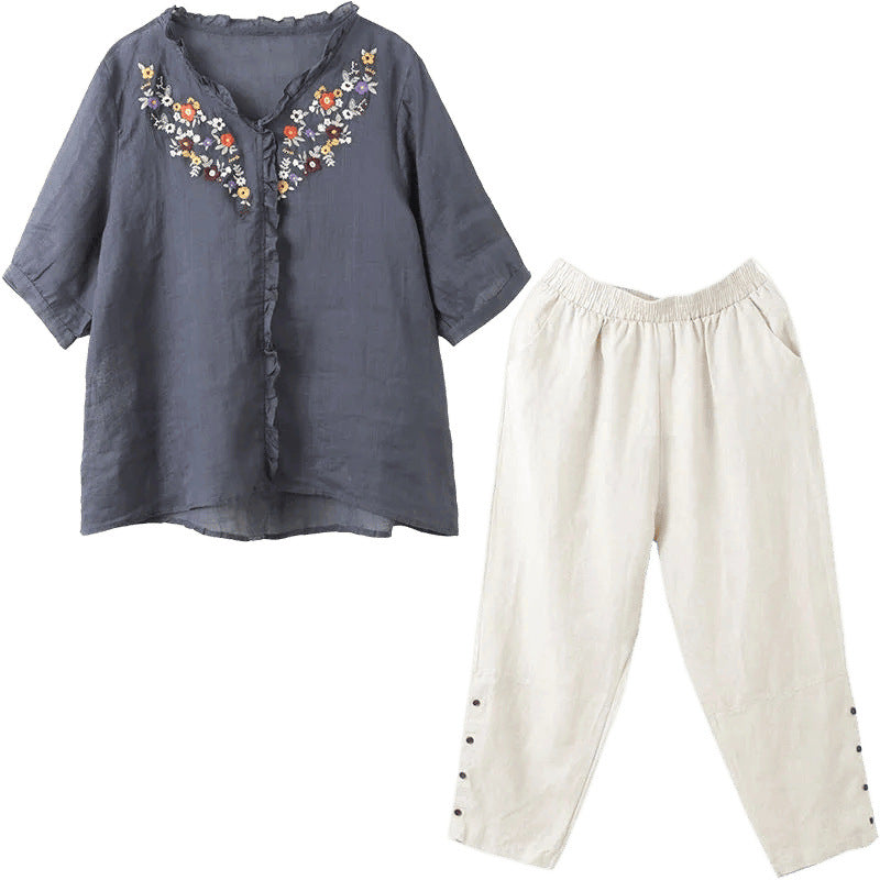 In the summer of 2025, the new Korean version of cotton and linen large-size meat-covering embroidered top + pants/two-piece suit for women