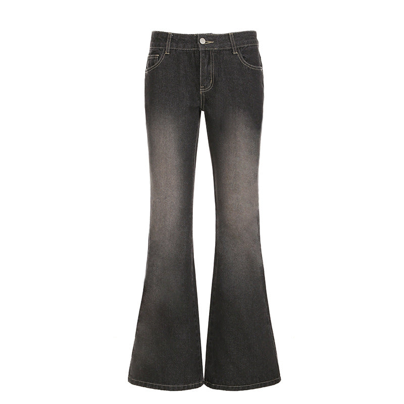 American street western denim style plant flower embroidery low waist micro pull pants Spice girl washed as old casual trousers