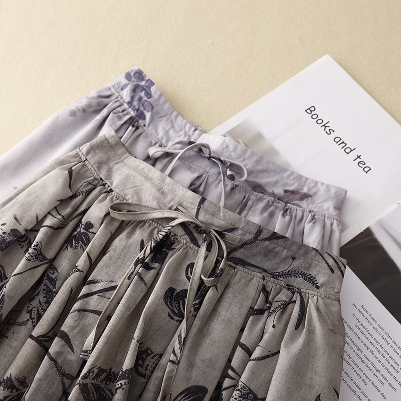 Real shot 2025 summer new literary and retro loose printing elastic waist skirt women's medium and long #6617