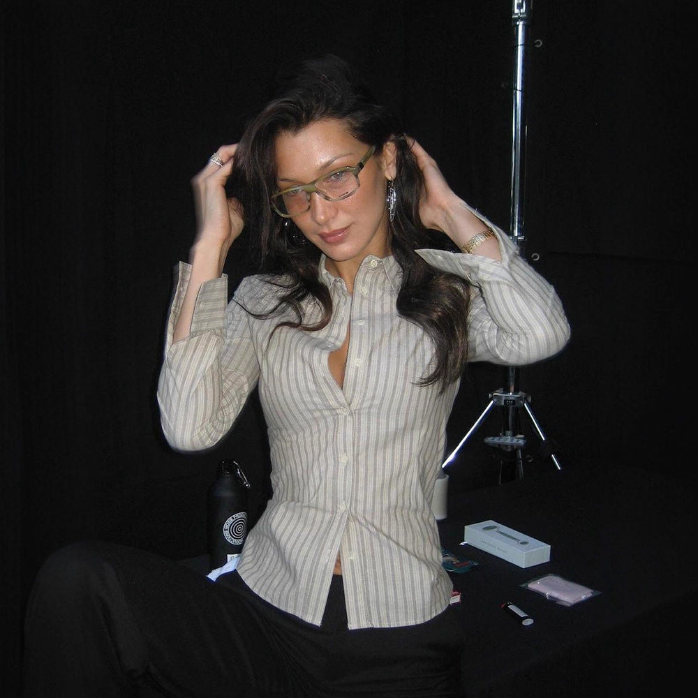 American Street Urban Simple Stripe Slim Fit Basic Long Sleeve Workplace Spice Girl Commuter Thin Lapel Button Shirt