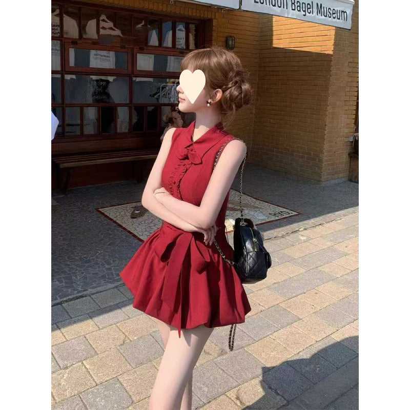 French small man, sweet temperament, high-end cherries, red rabbit ears, shirt collar, lace-up bud dress, women's summer