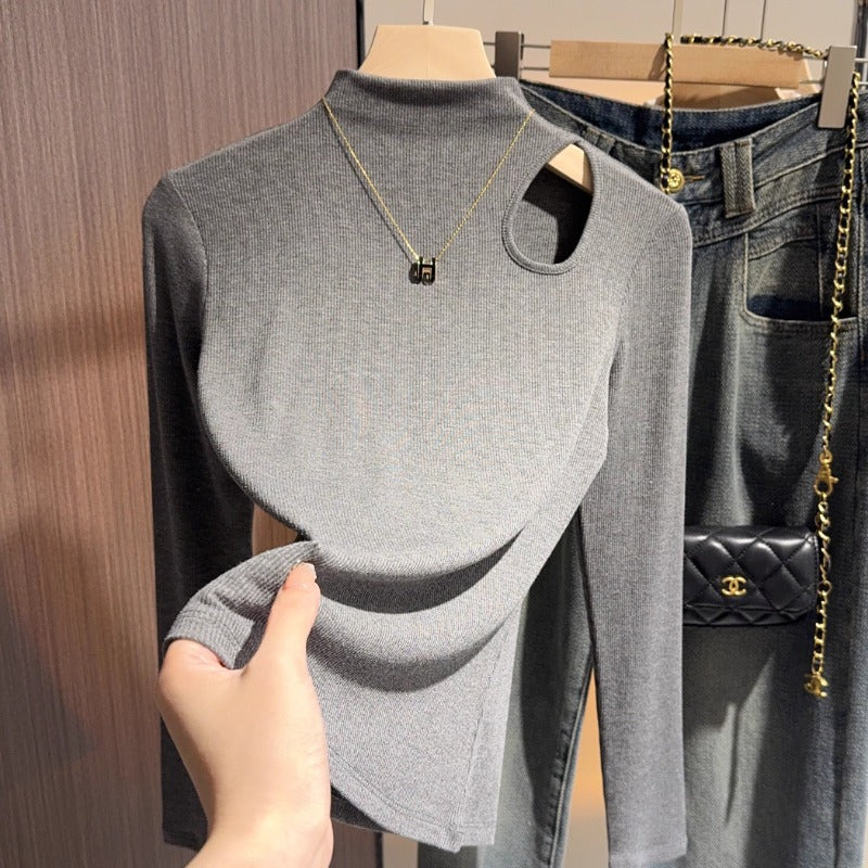 Dark gray hollowed-out semi-turtleneck five-quarter-sleeved t-shirt bottoming shirt women's spring and autumn Korean version versatile design medium-sleeved top