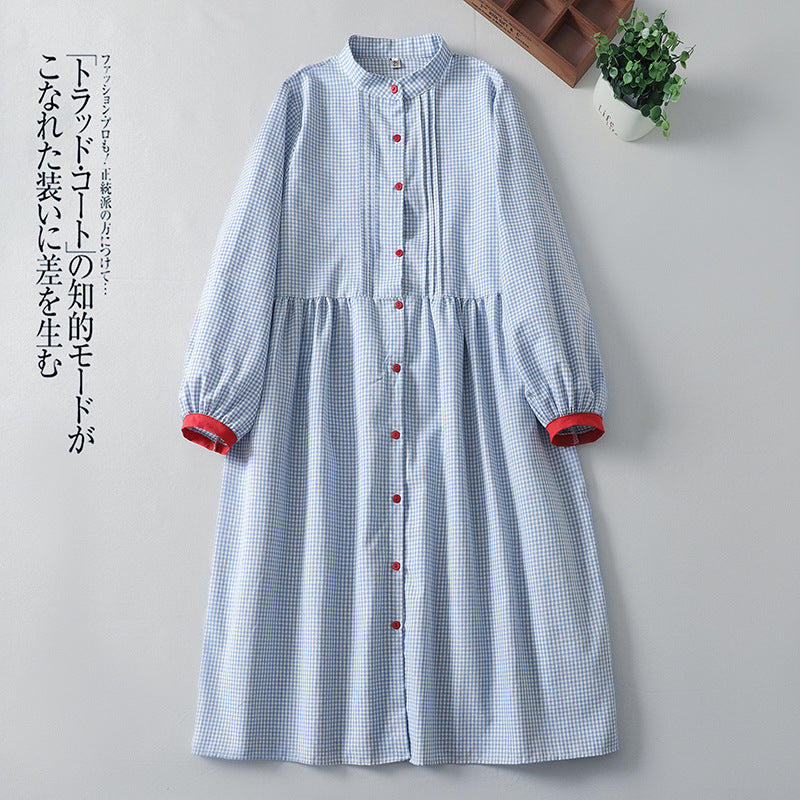 Real shot 2025 autumn new Japanese literary plaid long-sleeved shirt dress loose and thin long dress women