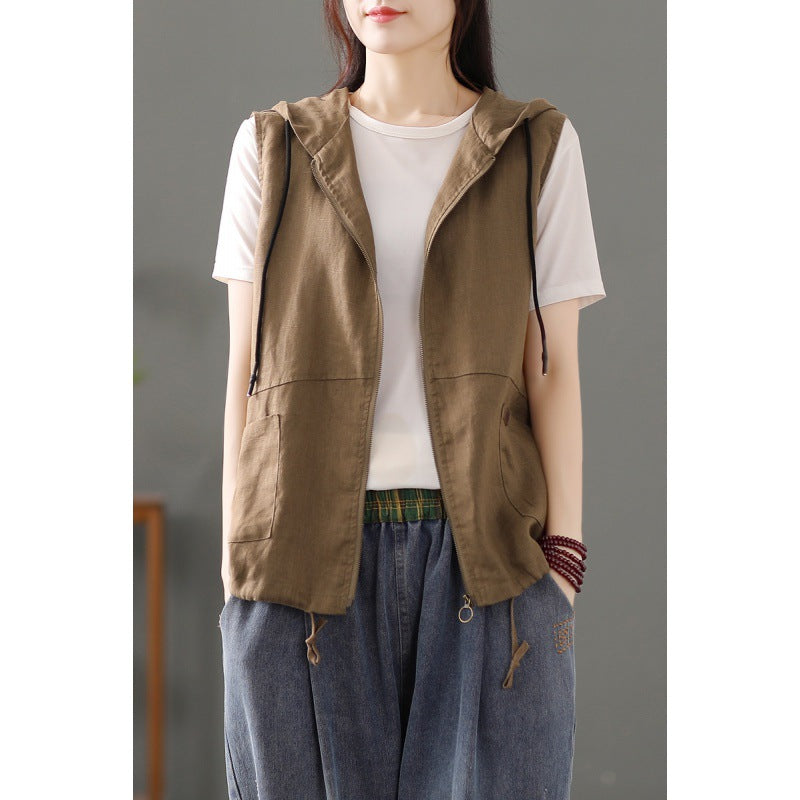2025 spring new literary and retro loose solid color hooded cardigan vest casual sleeveless vest short coat women