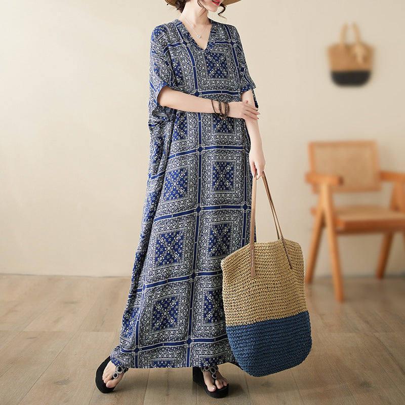 Real shot 20224 spring and summer V-neck thin cotton and linen large size loose literary holiday wind beach skirt retro long robe